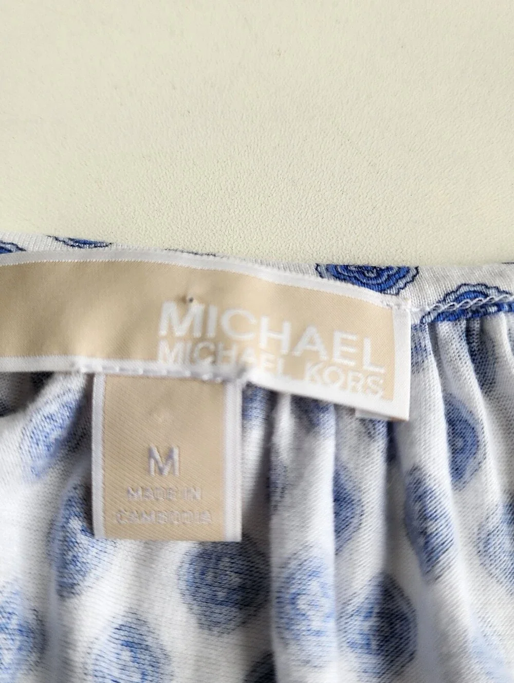 Michael Kors Peasant Blouse Blue White Geometric Print Scoop Neck Relaxed Boho M